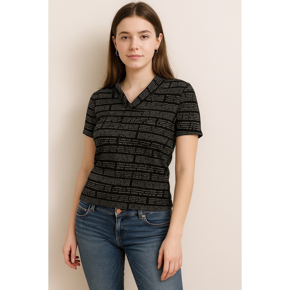 Morgan De Toi Pullover Top Newspaper Print Womens Stretch 3/4 Sleeve y2k 90s